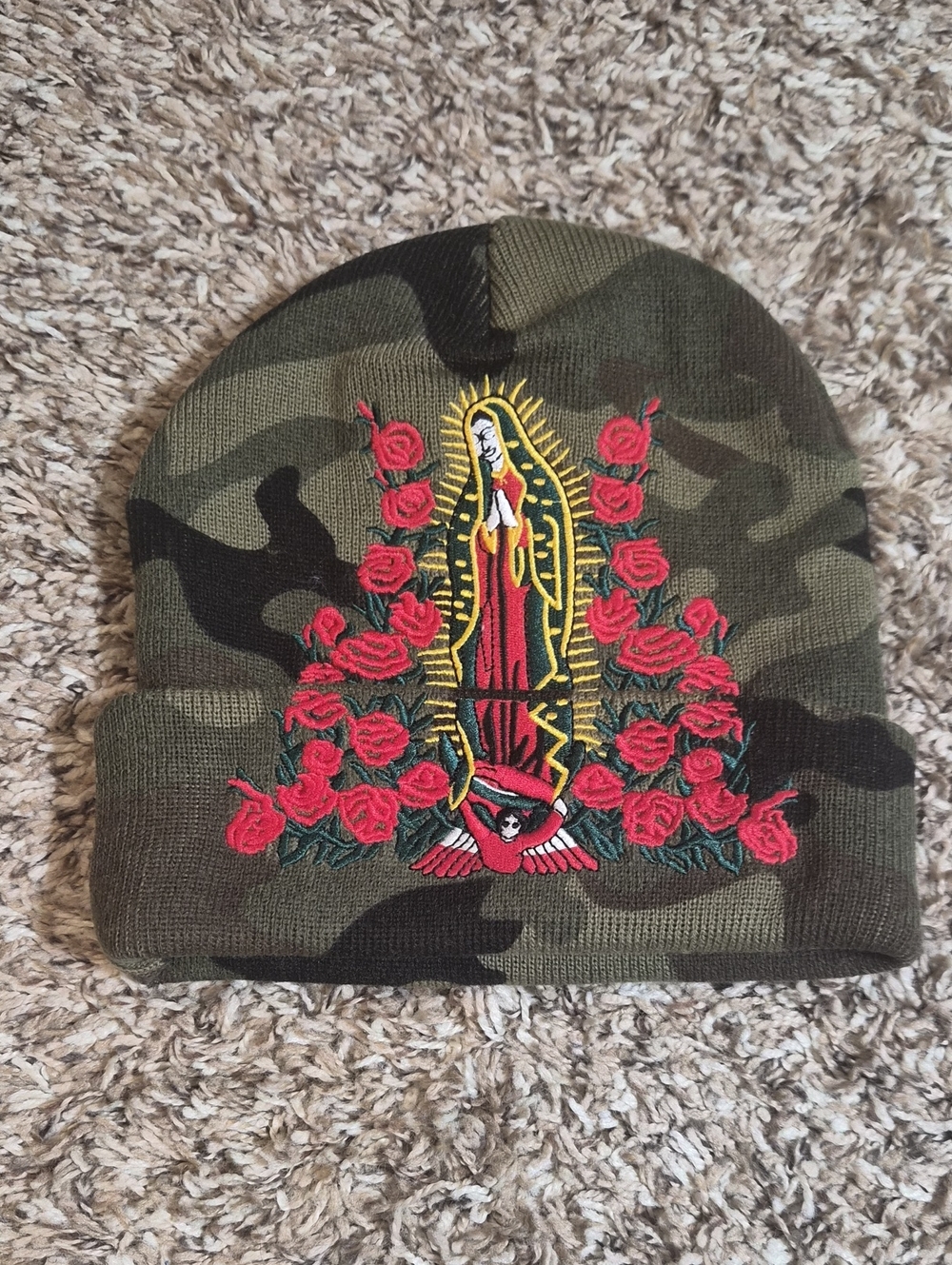 Supreme Guadelupe Rose Embroidered Camo Beanie